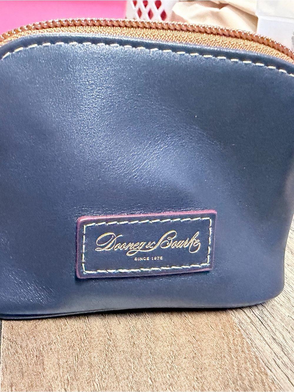 Dooney & Bourke Navy Leather Coin Case with Gold Logo Trim